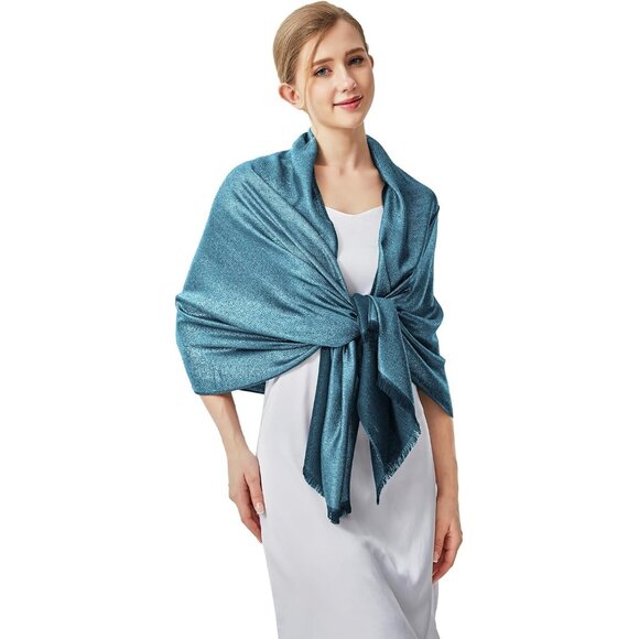 Pashmina Shawl Wraps Scarf Formal - Hollyhock Blue & Gold - Picture 5 of 6